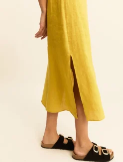 Abito dritto in tela di lino - SENAPE