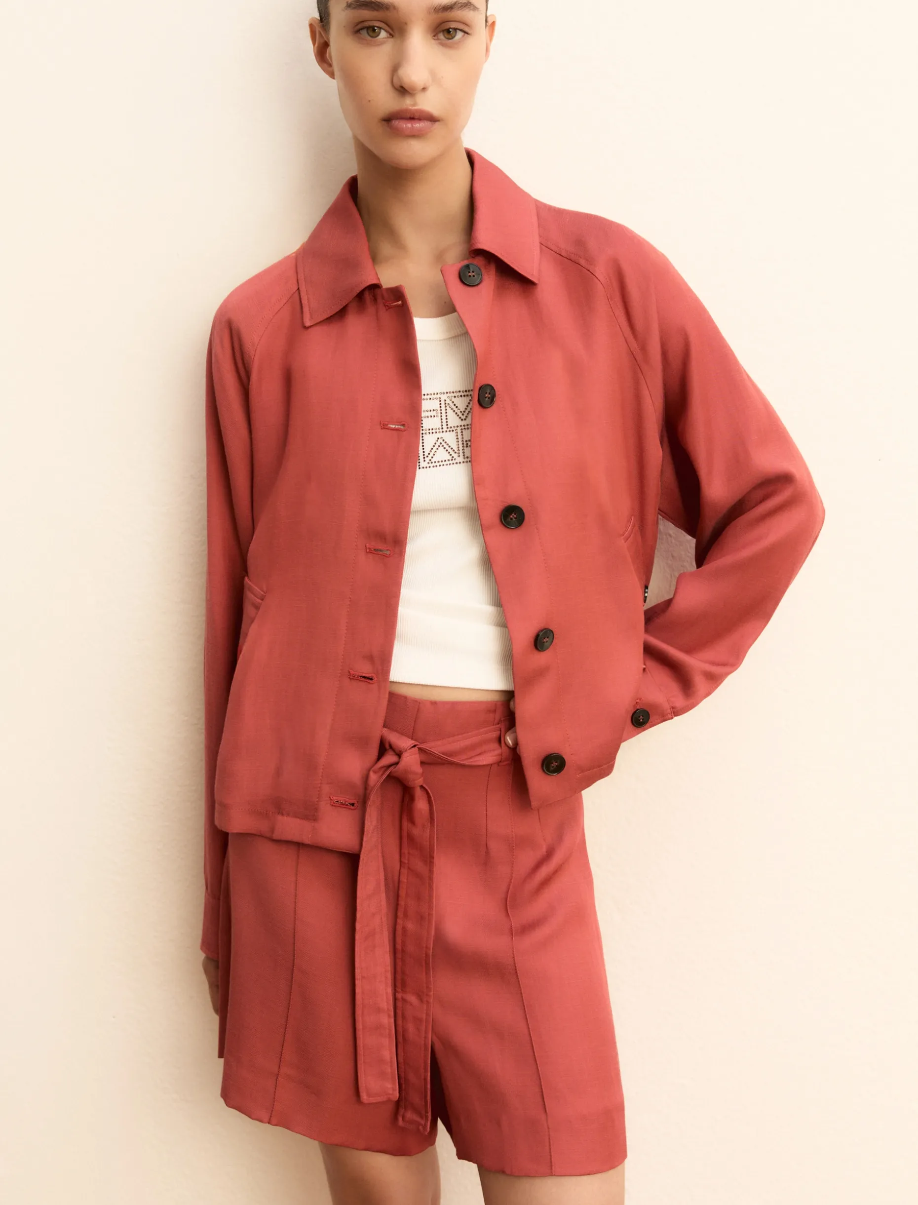 Bermuda in twill di misto lino - CILIEGIA