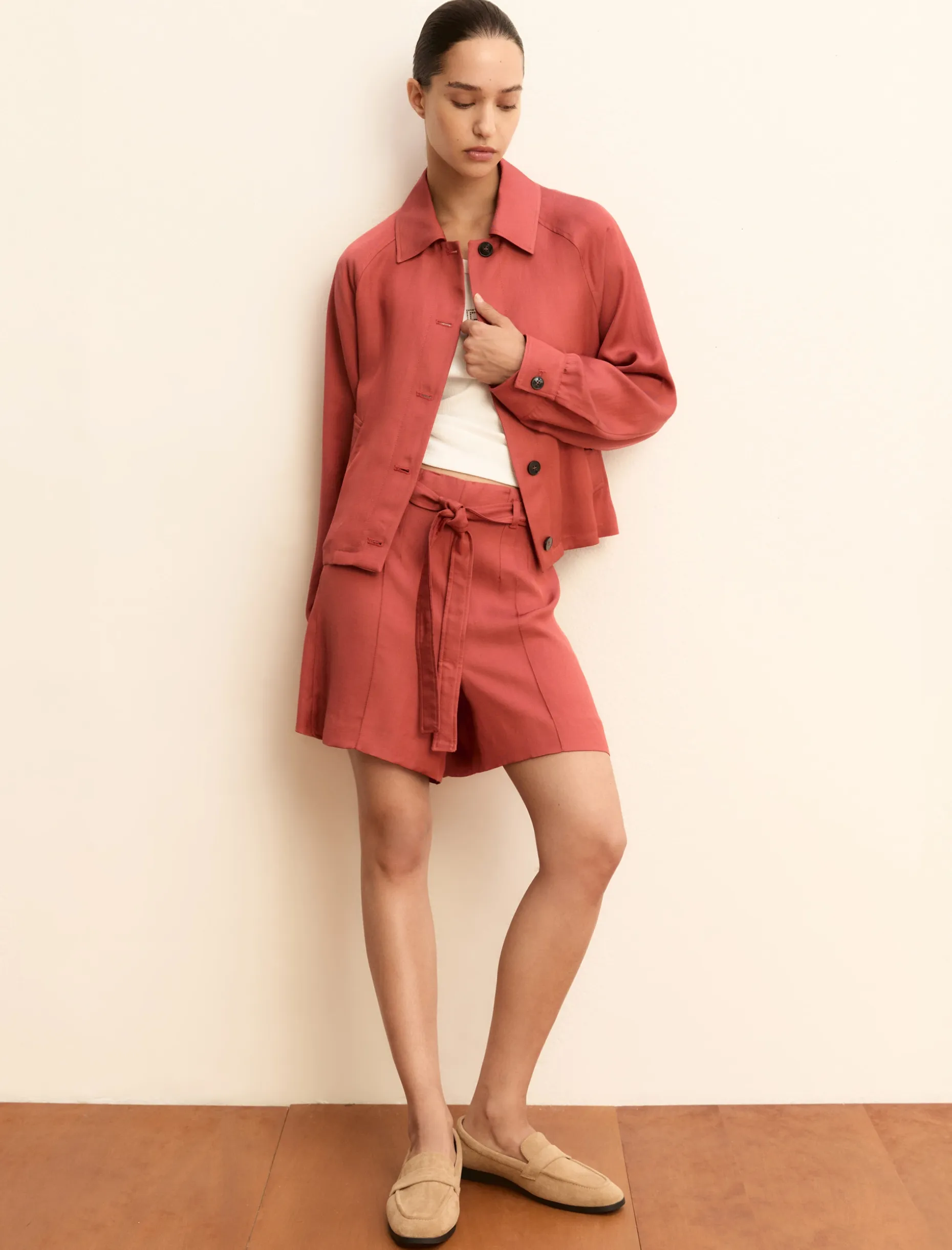 Bermuda in twill di misto lino - CILIEGIA