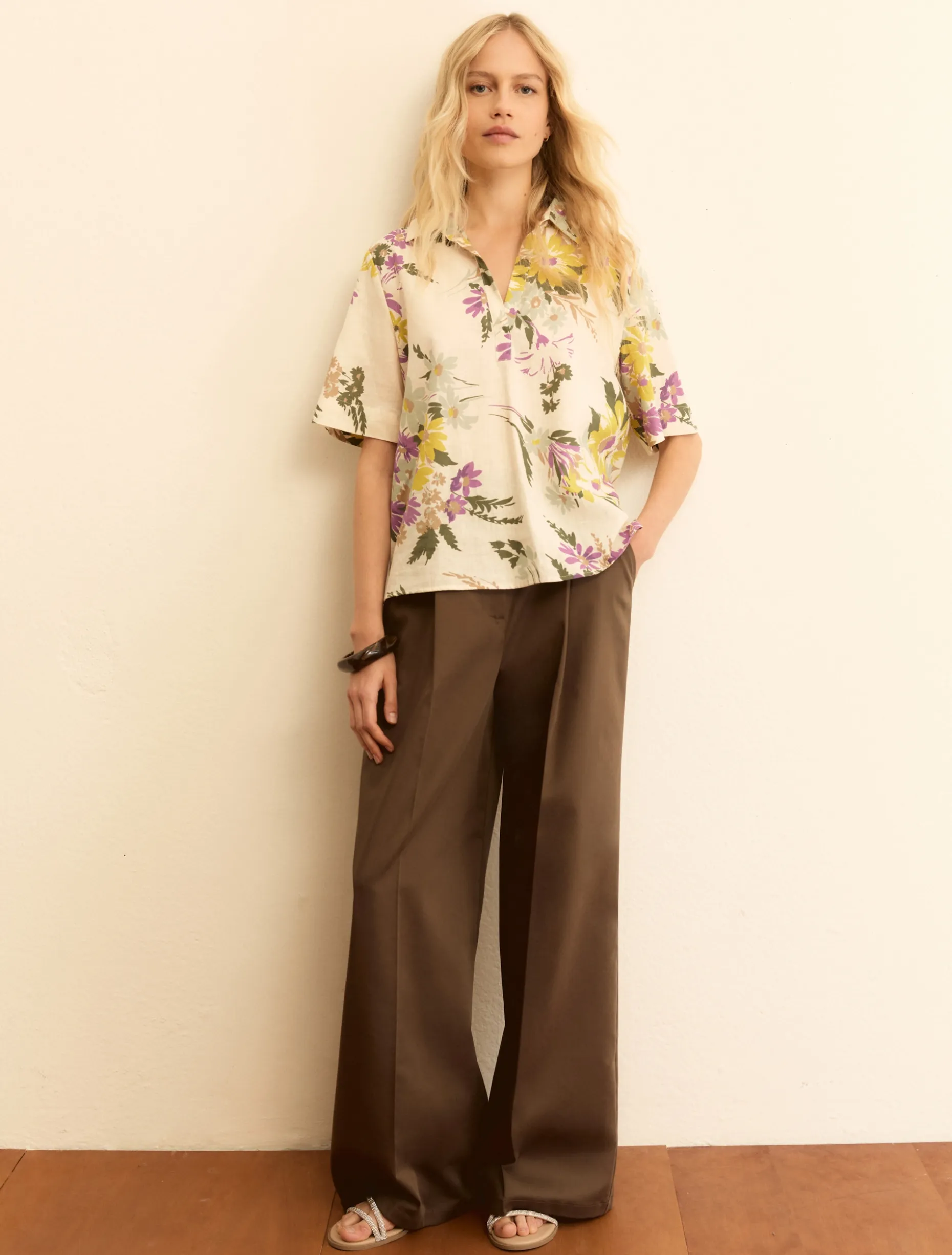 Camicia a polo in cotone e lino - BIANCO LANA