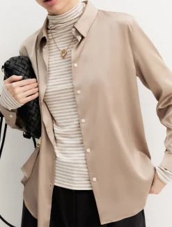 Camicia in raso stretch - ALMOND