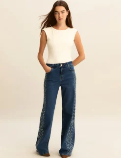 Denim wide leg con cristalli e borchie - BLU