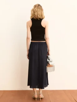 Gonna in lino con pieghe - BLU NOTTE
