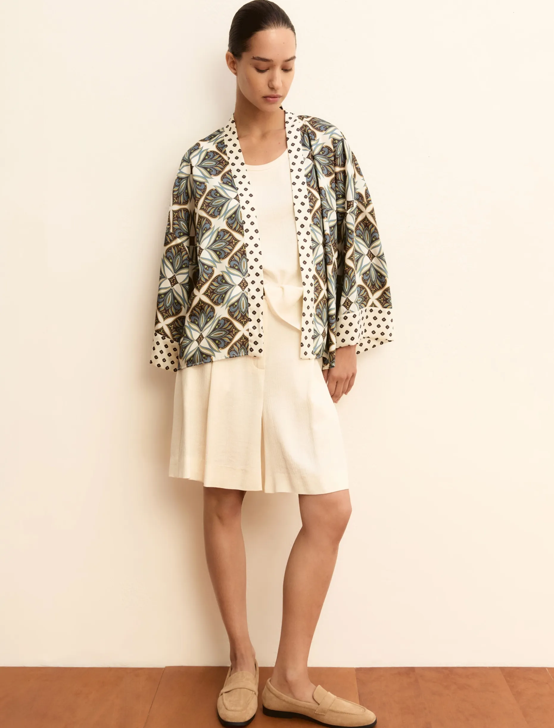 Kimono corto in twill stampato - BIANCO LANA