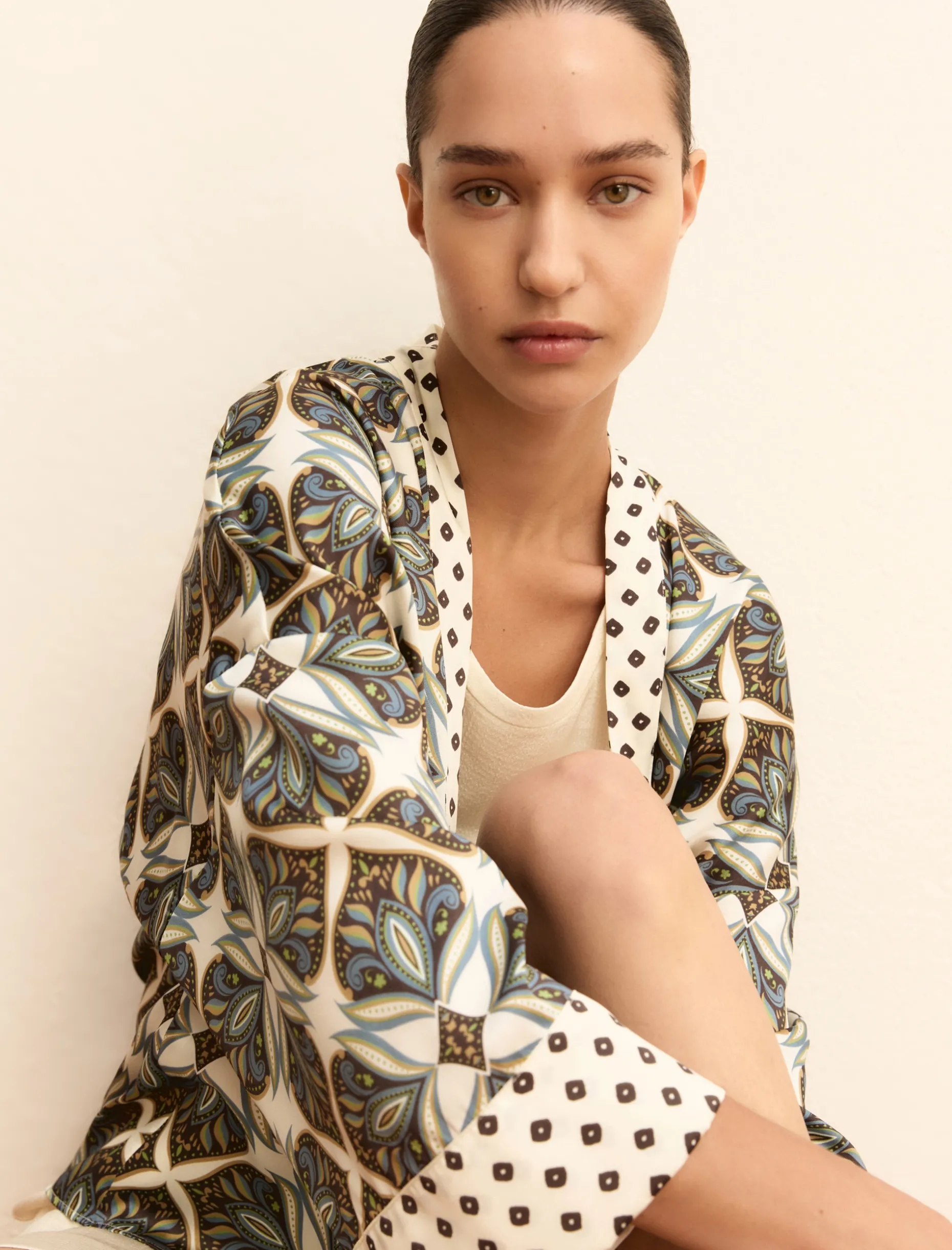 Kimono corto in twill stampato - BIANCO LANA