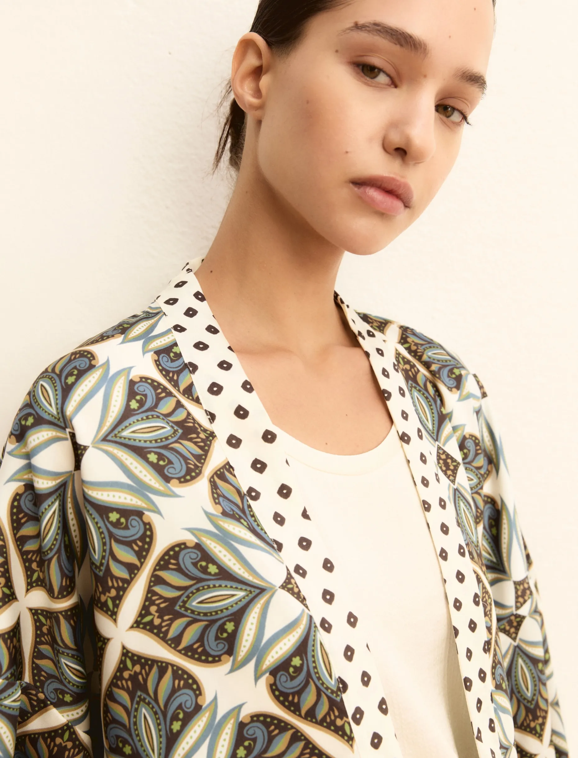 Kimono corto in twill stampato - BIANCO LANA