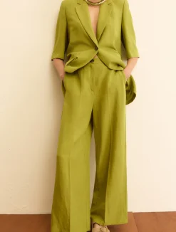 Pantalone fluido in viscosa e lino - VERDE MELA