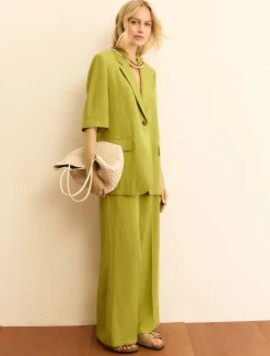 Pantalone fluido in viscosa e lino - VERDE MELA