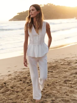 Pantalone fluido in viscosa e lino - BIANCO