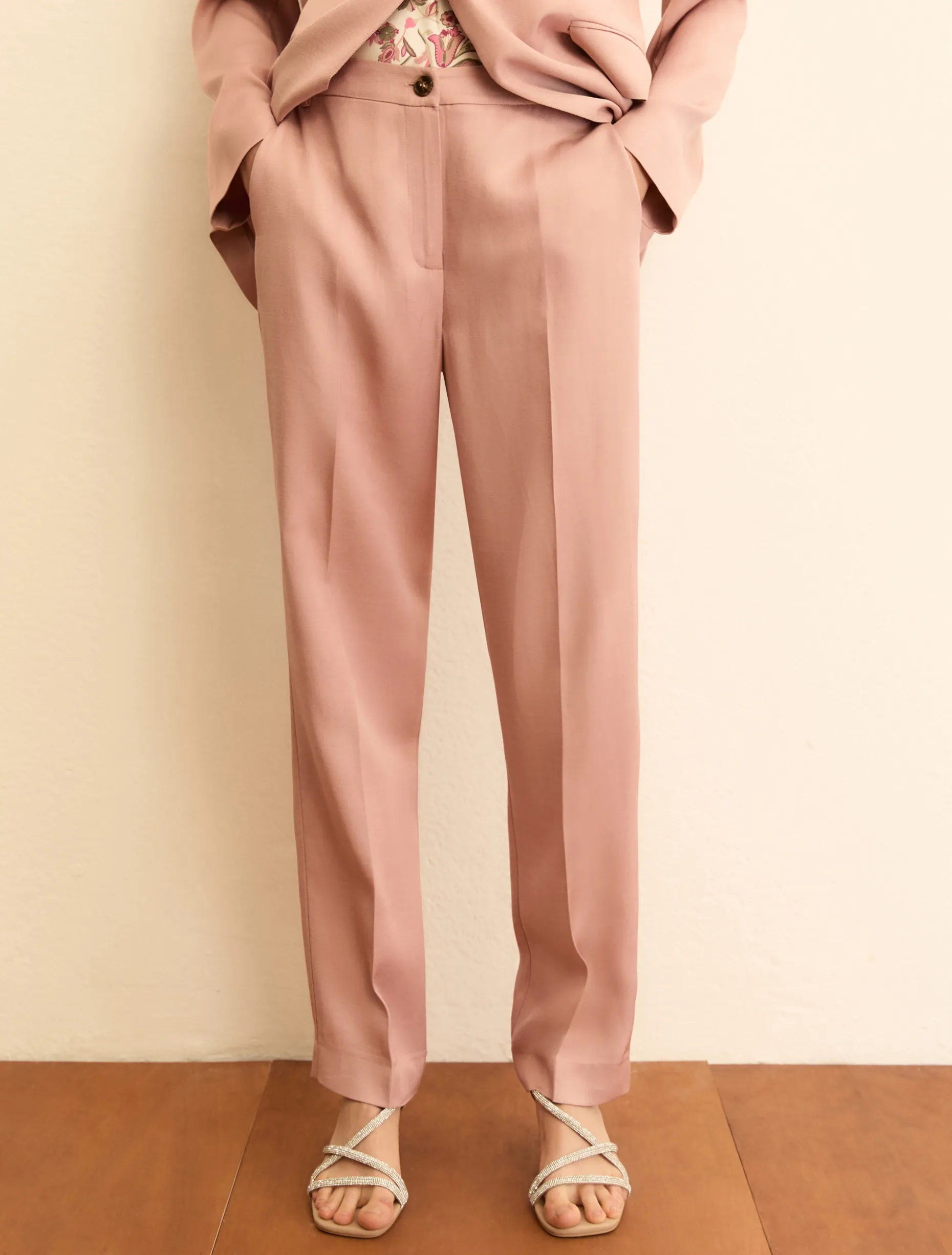 Pantaloni slim in twill di misto lino - ROSA