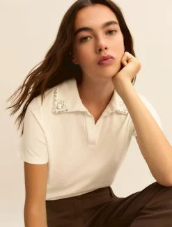 Polo con perle e cristalli - BIANCO