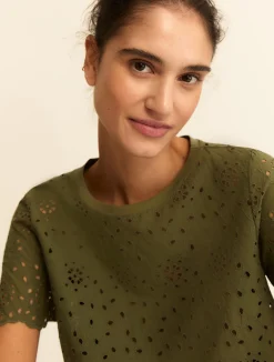 T-shirt in sangallo con retro in jersey - VERDE MILITARE