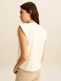 T-shirt smanicata con cristalli - BIANCO